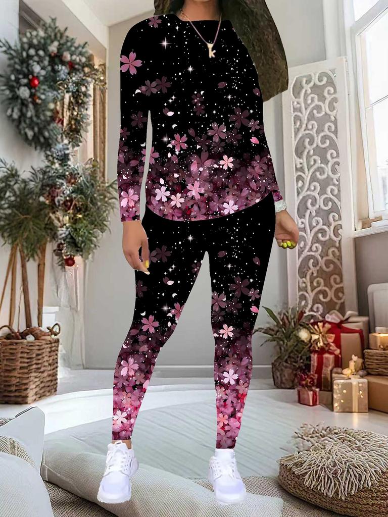 Damen 2-teiliges Outfit mit Blumendruck: Langarmshirt mit Rundhalsausschnitt und Hose, limitiertes Freizeit-Party-Geschenkset