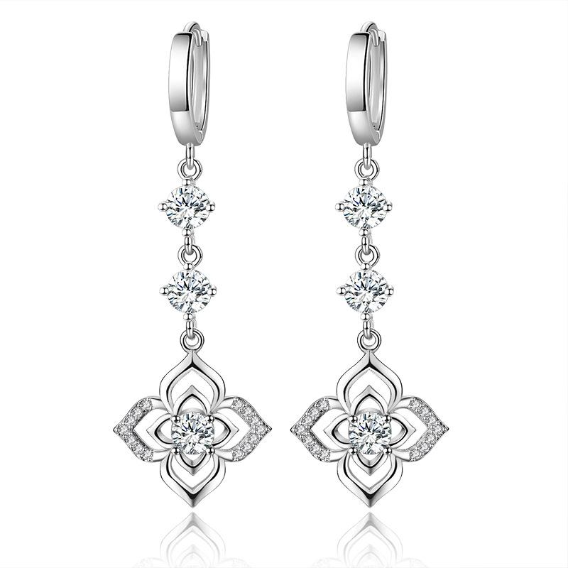 KOFSAC Fashion Zircon Four-leaf Clover Hoop Earrings For Women Exquisite 925 Silver Flower Earring Jewelry Lady Gifts