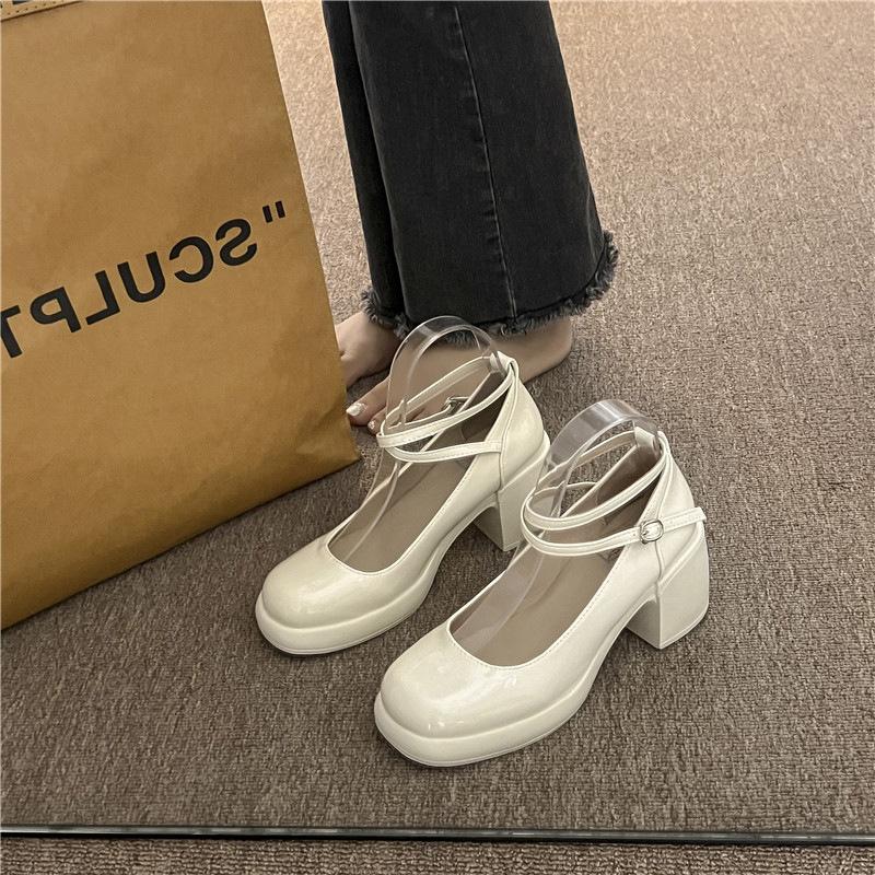 2024 New Mary Jane Thick Heel Single Shoes Women's British Style College Korean Version Loafers Shallow Mouth with Shoes