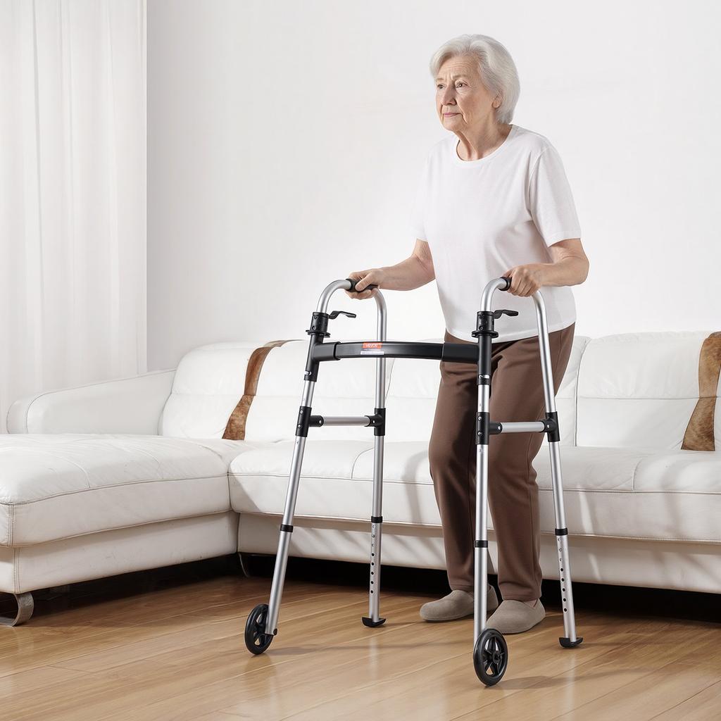 VEVOR Faltbarer Rollator, 2-Knopf-faltbarer Rollator mit Vollgummirädern & 8-stufig verstellbarer Höhe