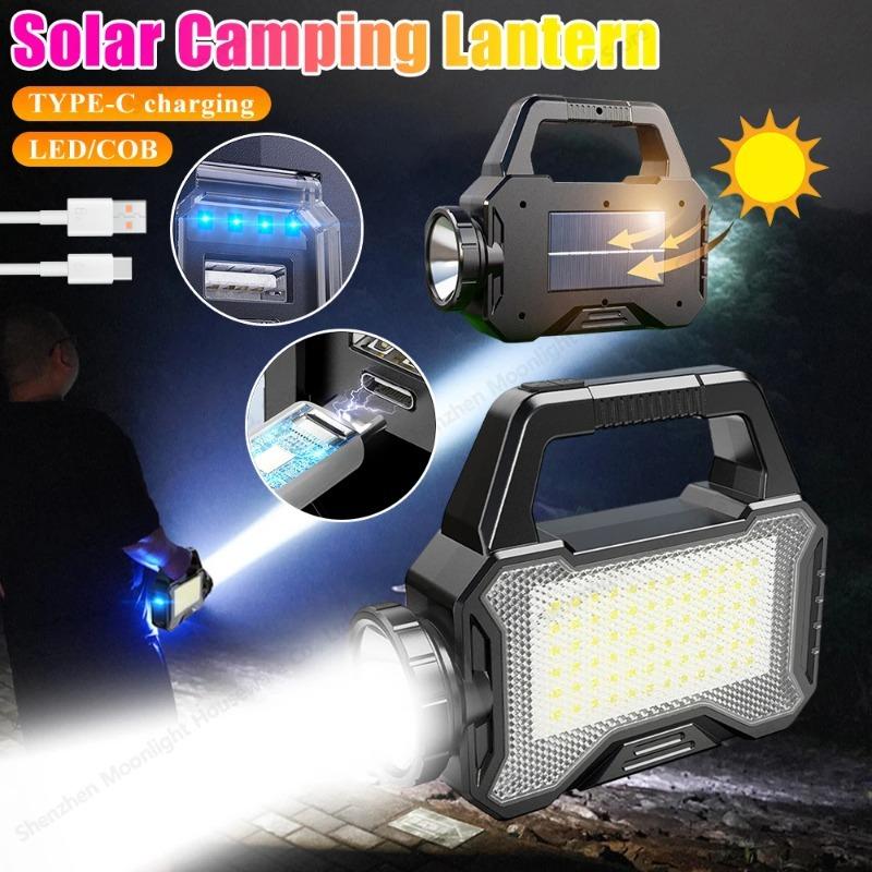 Lanterne Solare Portabile de Mare Putere Încărcare Solară+Type-C Proiector Lumină Puternică în Aer Liber Lampă de Mână cu Lumină Laterală COB Baterie Externă pentru Încărcare