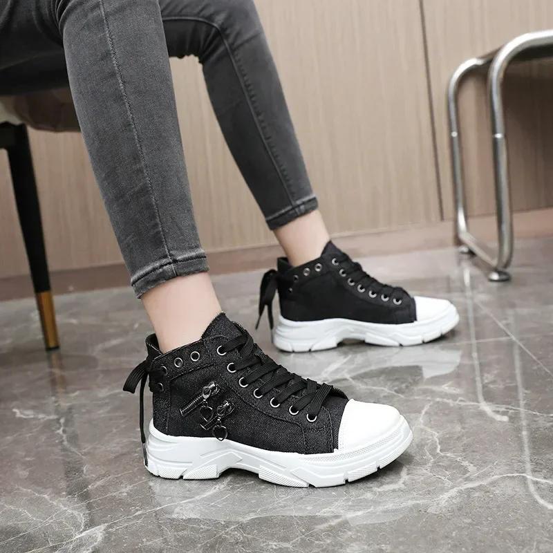 Fashion Luxury Brand Chunky Canvas Shoes for Woman Fashion Retro Light Blue Denim High-top Casual Shoes Outdoor Non-slip Sneakers Mujer