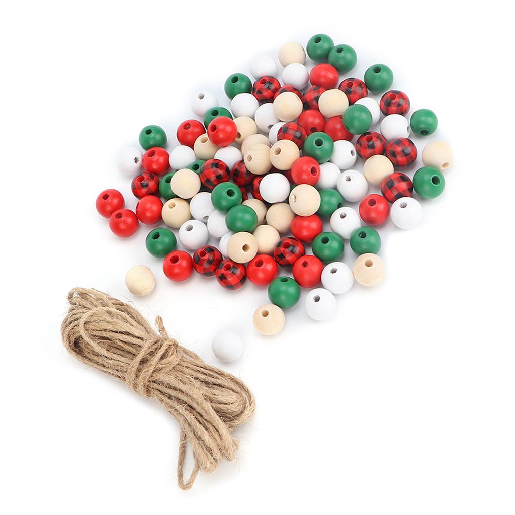 200Pcs DIY Christmas Wooden Beads Set 5 Colors Bead String Decoration Accessories for Beauty Salon with Twine