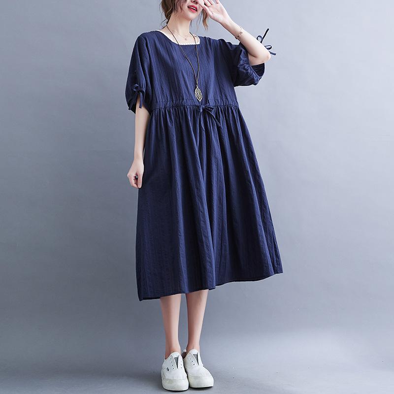 Long Dress Women Linen Large Size Loose Summer Solid Color Short-sleeved Dress Knee-length Thin Large Swing Dress
