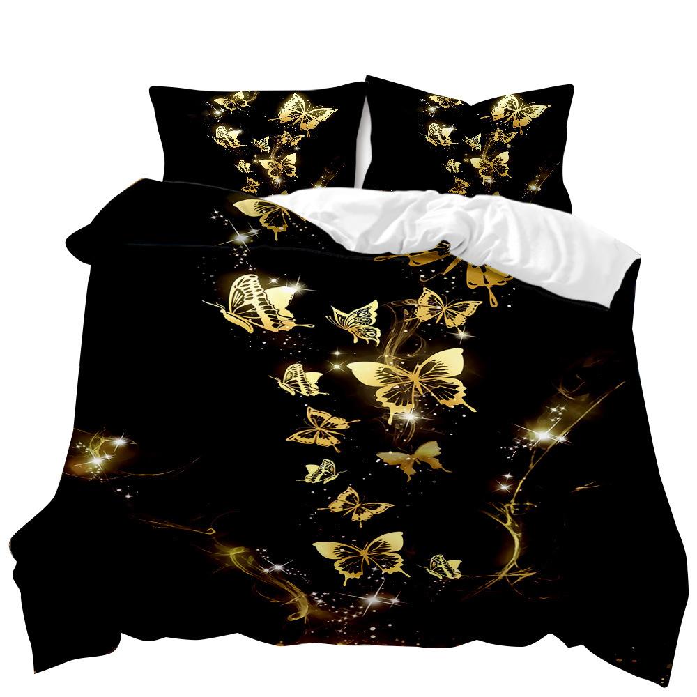 Golden Butterfly Color Quilt Set Three-Piece 3D Digital Printing Abrasive Bedding