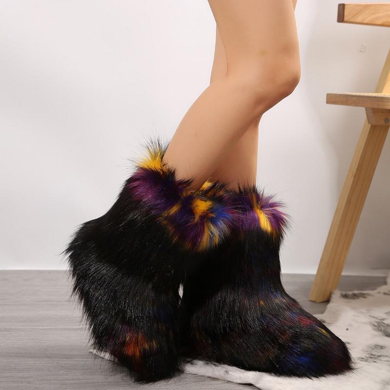 fashion Shoes for Women New Slip on Women's Boots Winter Round Toe Solid Flock Plush Warm Mid Heel Water Proof Casual Snow Boots