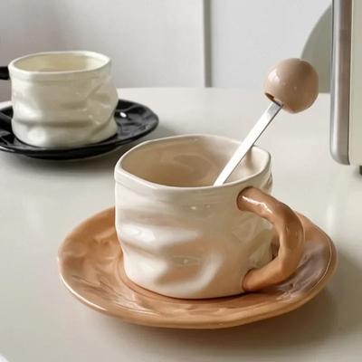 230ml Ceramics Mug Exquisite Pleated Design Ceramics Coffee Cup and Saucer Set European Style Afternoon Tea Cup Romantic Gift