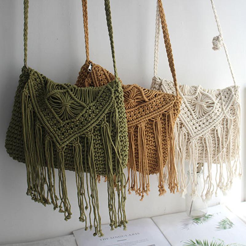 Handgefertigte Baumwollgewebte Gestrickte Quasten Umhängetasche Vintage Schulter Umhängetasche Damenmode Strand Sommer Handtaschen 2023 Tasche