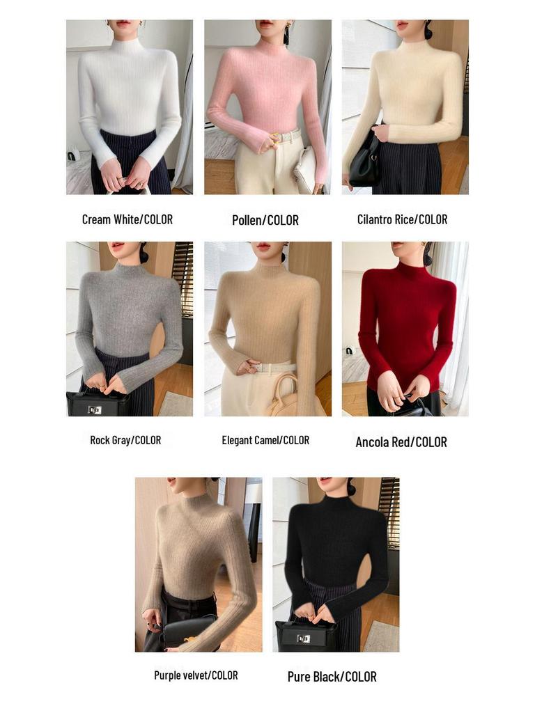 Premium Cashmere Rib-Knit Women's Slim-Fit Warm Sweater - Semi-High Neck, Thickened for Autumn & Winter.