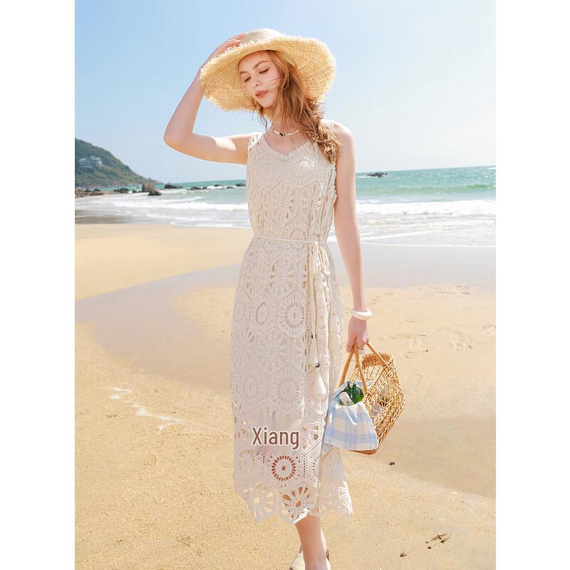 

Sancai 2025 Летнее Макси-платье для курорта из ажурного трикотажа, состоящее из двух частей XL