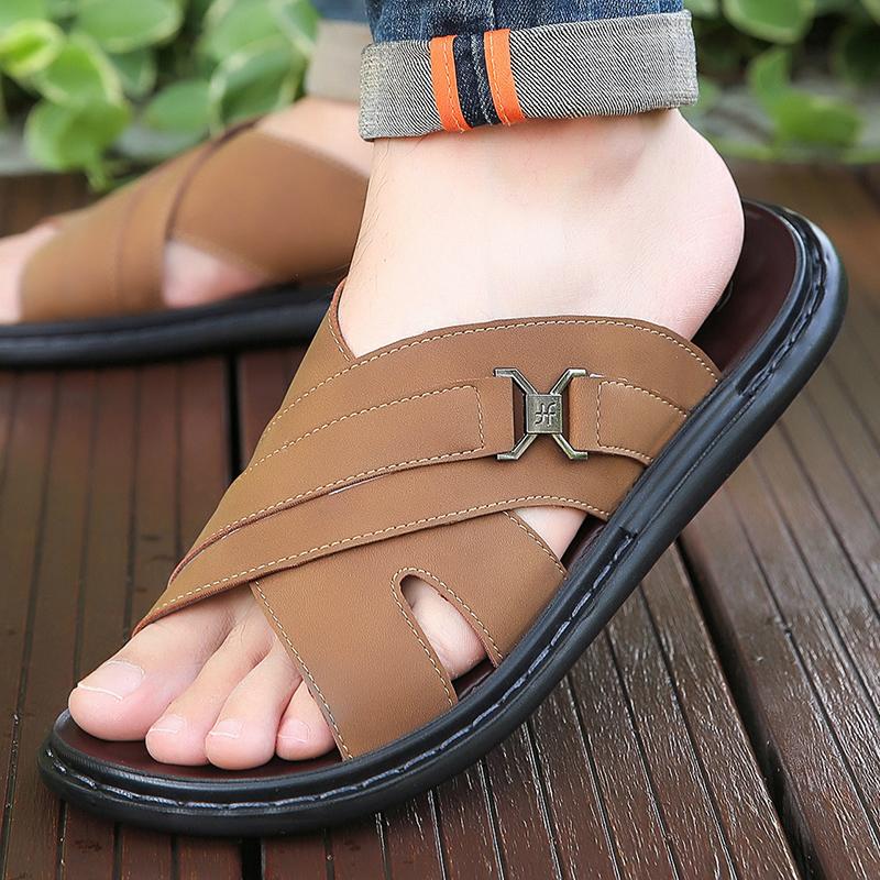 Men Black Leather Slippers Simple Flats Summer Brown Outdoor Roman Sandals Outdoor Beach Shoes Over Sized
