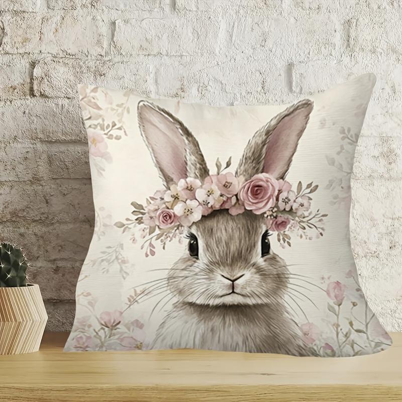 

PC Easter Theme Pillow Cover Cute Rabbit with Floral Wreath Print (Pillow Insert Not Included) 45cmx45cm