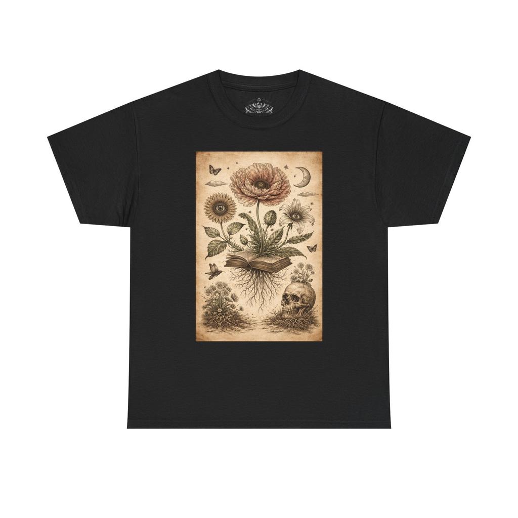 Vintage Botanical Skull Illustration T-Shirt | Floral Anatomy Print