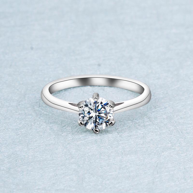 Sterling Silver Six-Prong Moissanite Ring: Non-Fading 925 Silver Pinky Ring for Men & Women, 18K Gold Accents