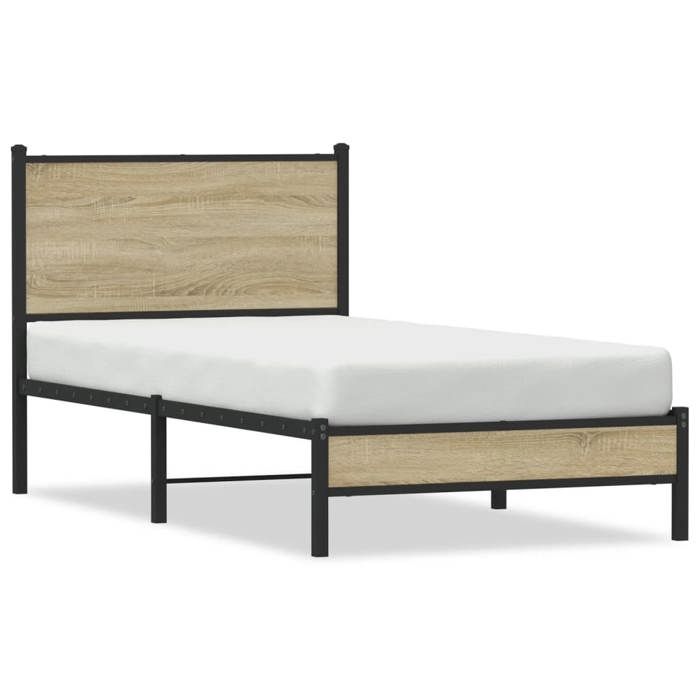 VidaXL Metal Bed Frames with Sonoma Oak Headboard 80x200 Cm, Single Bed, Bedroom Furniture, Guest Bed, 4007859