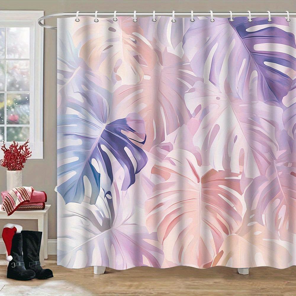 1pc Monstera Leaf Print Shower Curtain - Tropical Pink & Purple Polyester Bathroom Decor with 12 Hooks, Machine Washable