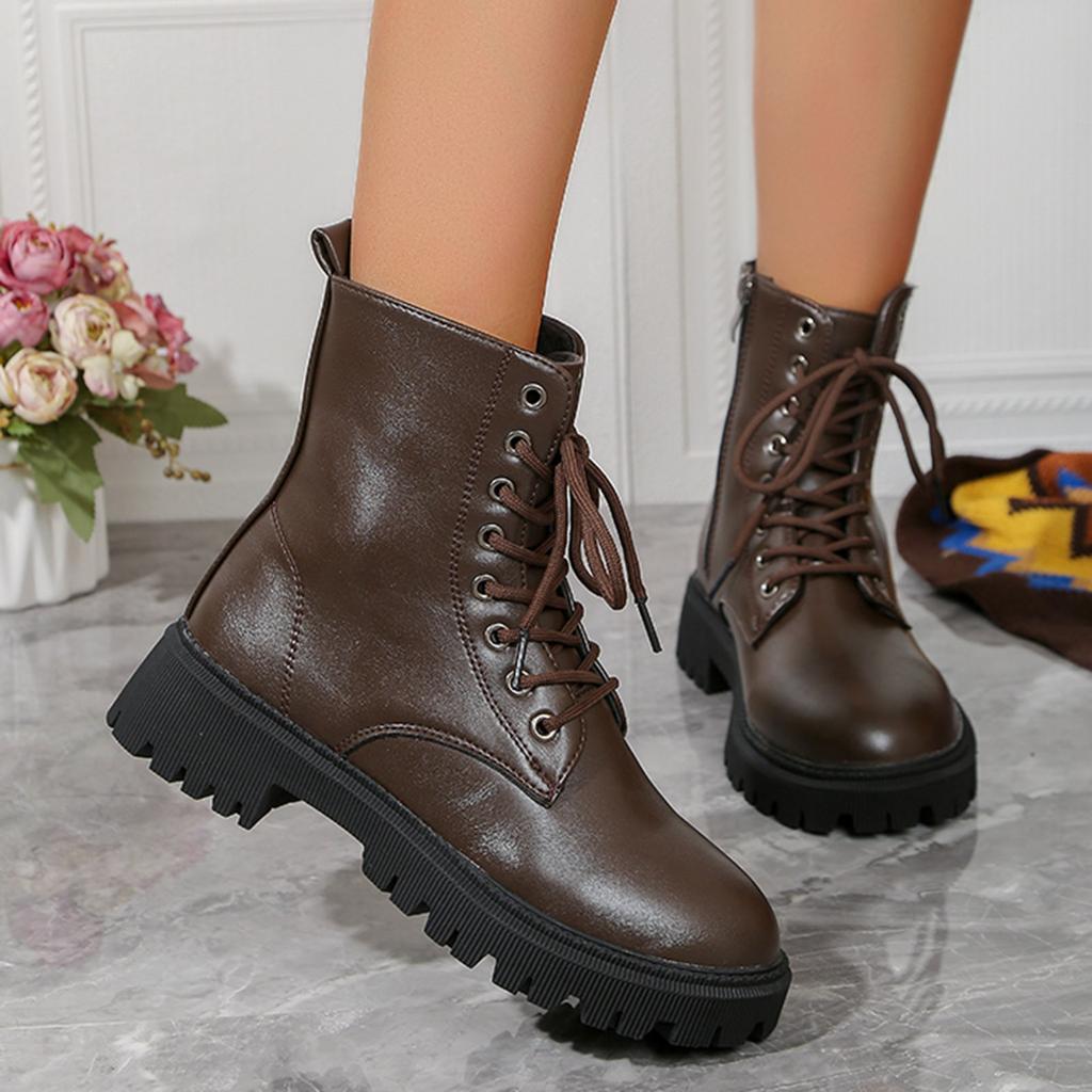 Ladies Fashion Winter Solid Leather Lace Up Thick Heel Side Zipper Short Boots Support Boots for Women