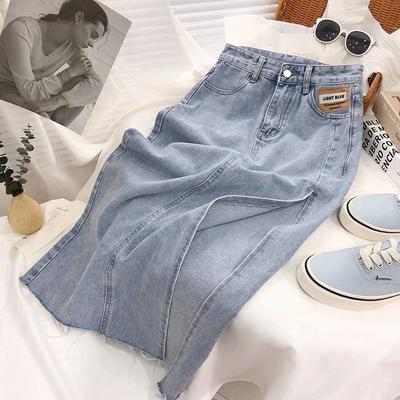 Elegant Classic Woman Female High-waisted Side Open Fork Thin Medium-length Package Hip Summer Versatile Comfortable Fashion Denim Bustier Skirt