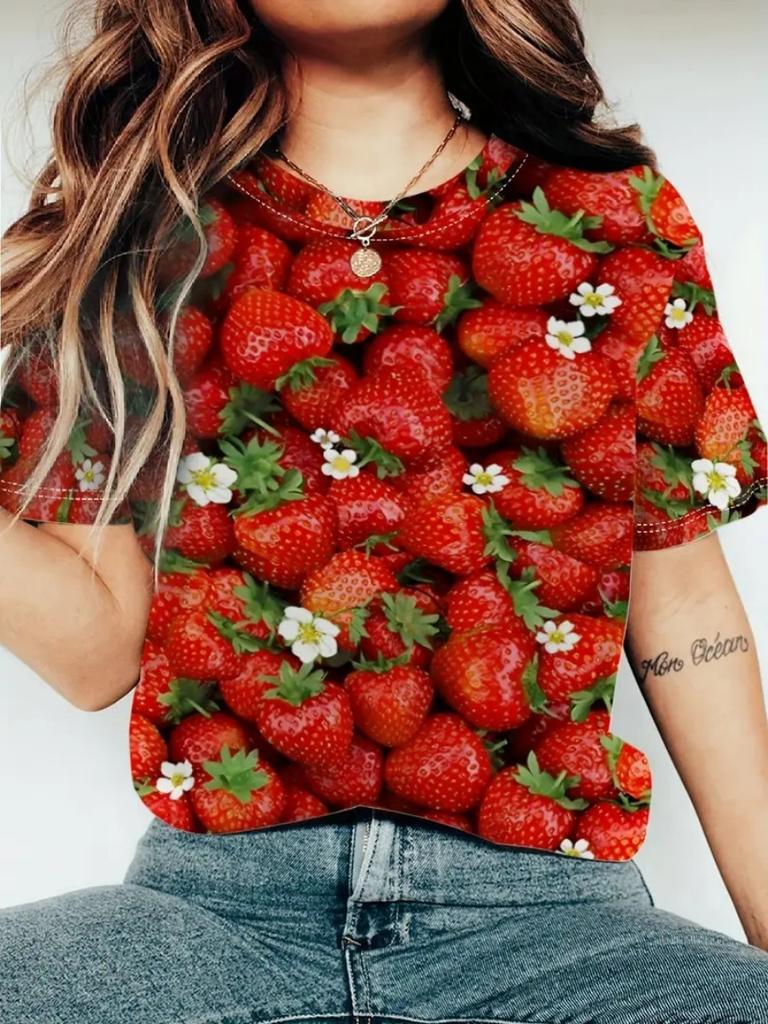 Loose and Casual Women's Plus Size 3D Fruit Printed Short Sleeved T-shirt Soft Comfortable and Breathable Top