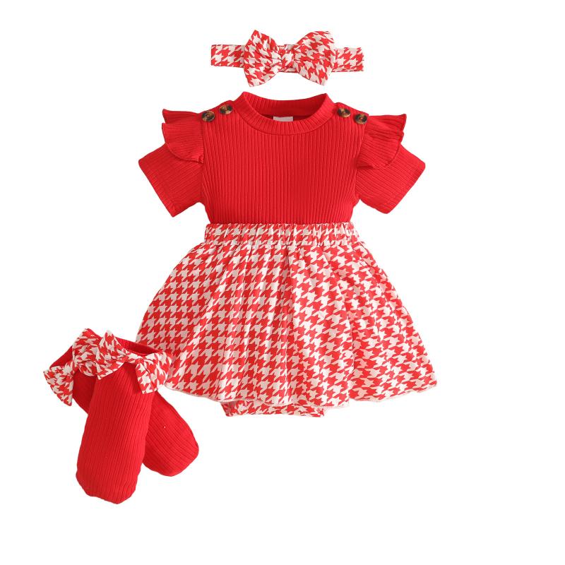 Cute Summer Girls' Infant Toddler Outfit Flutter Sleeves Short Sleeves Houndstooth Pattern Soft Treatment Dress Socks