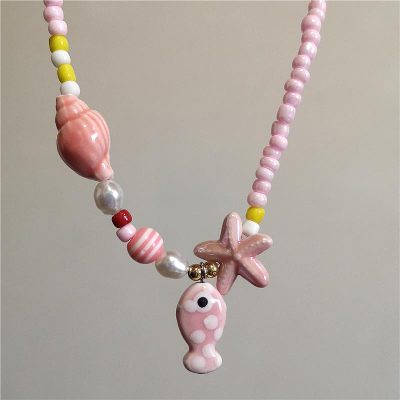 Collar Gargantilla de Cuentas con Colgante de Pez y Estrella de Mar de Cerámica Colorida de Verano para Mujer Accesorios de Joyería Romántica Boho de Playa