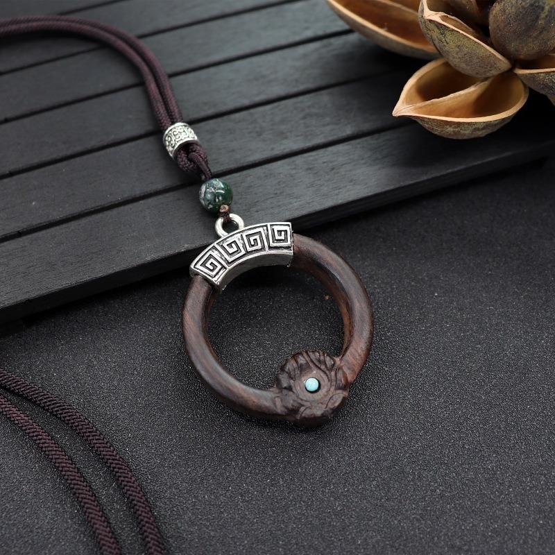 Retro Literary and Artistic Long Ebony Necklace Wooden Pendant Women's Simple Zen Sweater Chain Cotton and Linen Accessories