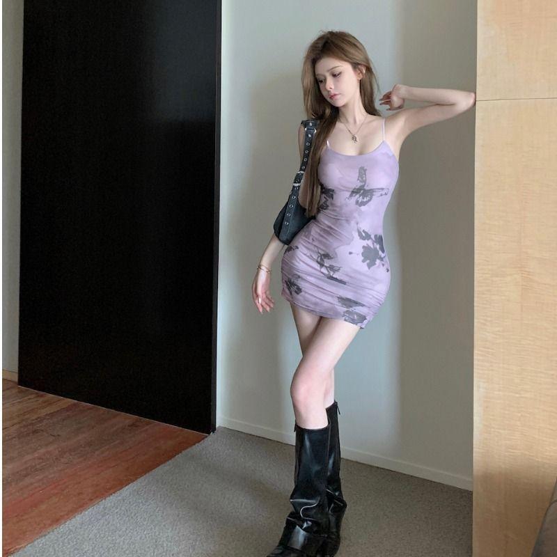 Fashion foreign butterfly print suspender dress female summer spice sexy slim versatile hip wrap short skirt trendy S