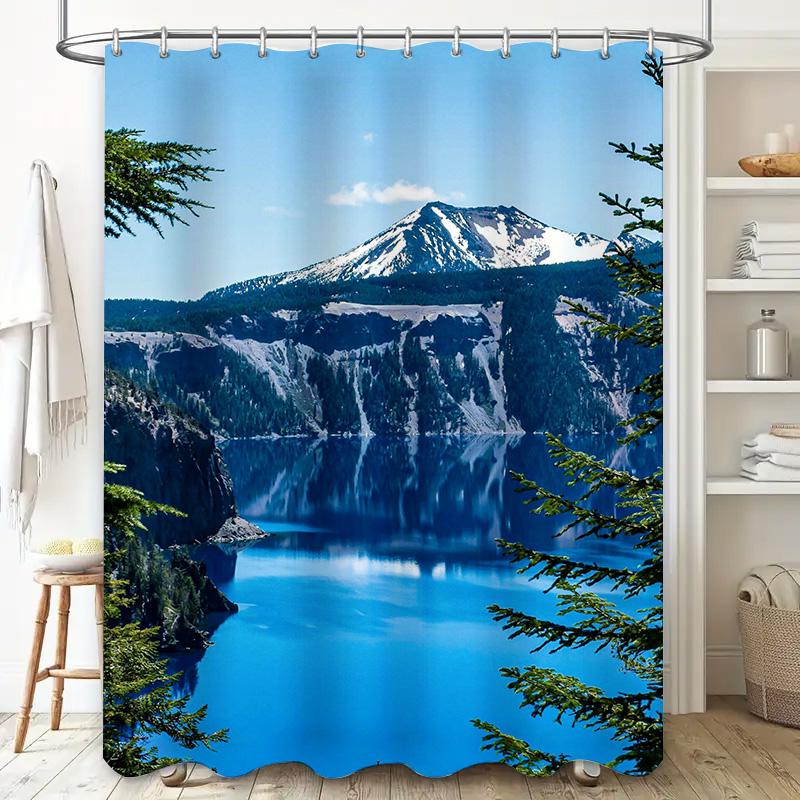 Scenic Landscape Shower Curtain with Waterfall and Snow-Capped Mountain Waterproof Printing for Bathroom Decorations