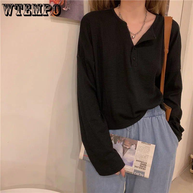 WTEMPO Women Long Sleeve Casual T-Shirts Elegant Simple Solid Button Design Retro Ins Spring Ladies Tees Loose All-match Tops