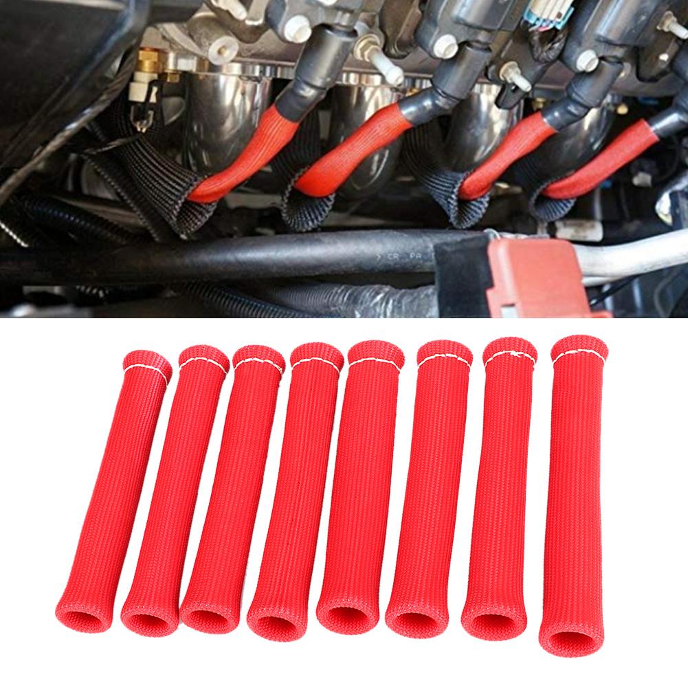 8pcs 1600 Degree Spark Plug Protector Red Wire Boot Heat Shield Cover Insulator for Car Truck