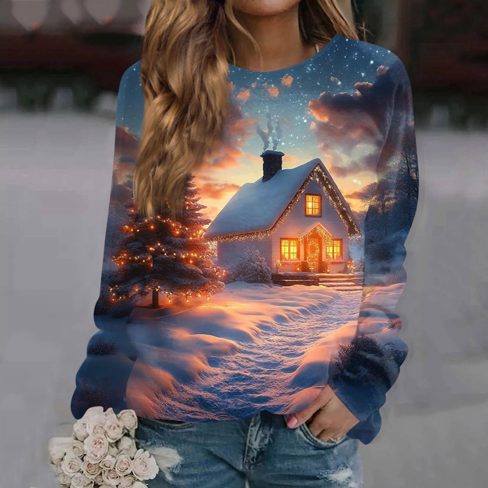 

Женская повседневная мода с рождественским принтом, длинный рукав, круглый вырез, пуловер, топ, блузка, свитшот L