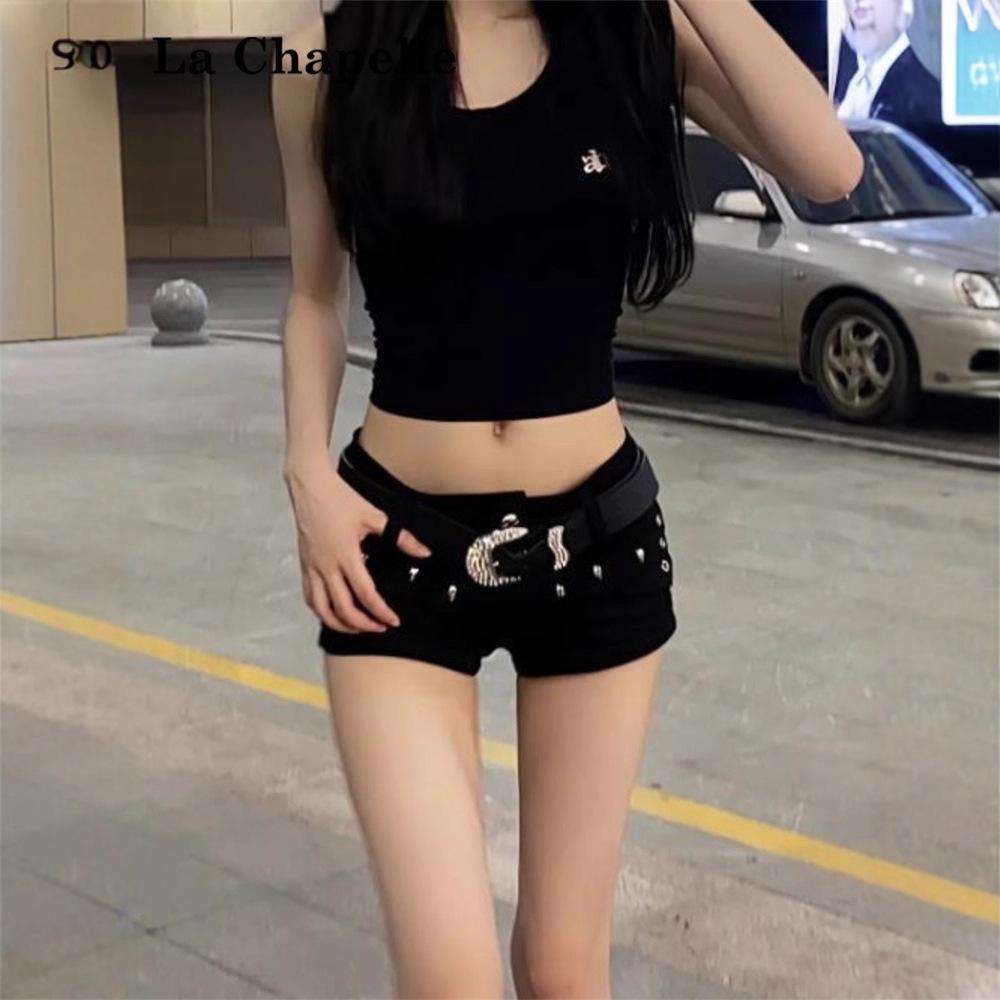 Women's Low-Waist Black Denim Rivet Shorts - 2026 Summer A-Line Trend