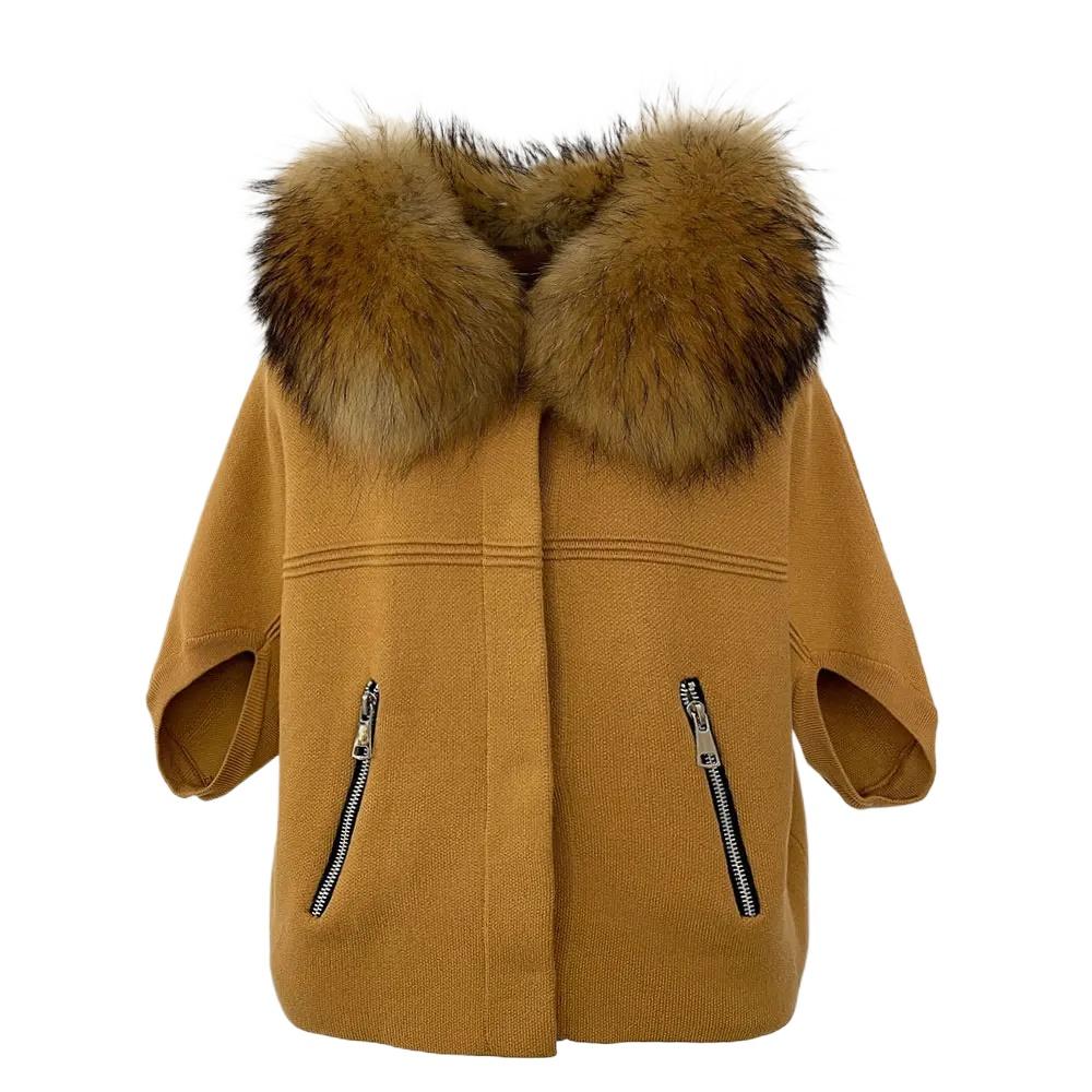 OFTBUY 2024 Herbst Winter Echt Fuchs Waschbär Pelz Kragen Mantel Gestrickte Pullover Frauen Kurzarm Jacke Dicke Warme