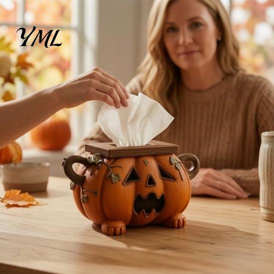 Halloween Pumpkin Tissue Box Holder Holder, Resin Decorative Facial Funny Face Office Desk Storage Cover for Home Kitchen Living Room Table