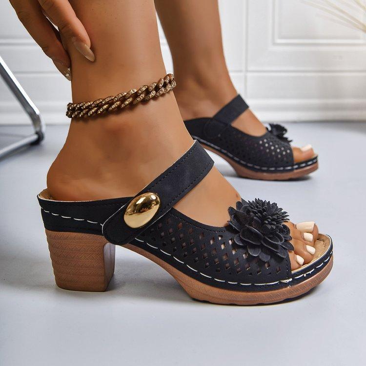 

Large size flower high heel cool slippers women s summer new hollow one-word buckle sandals 36 чорний