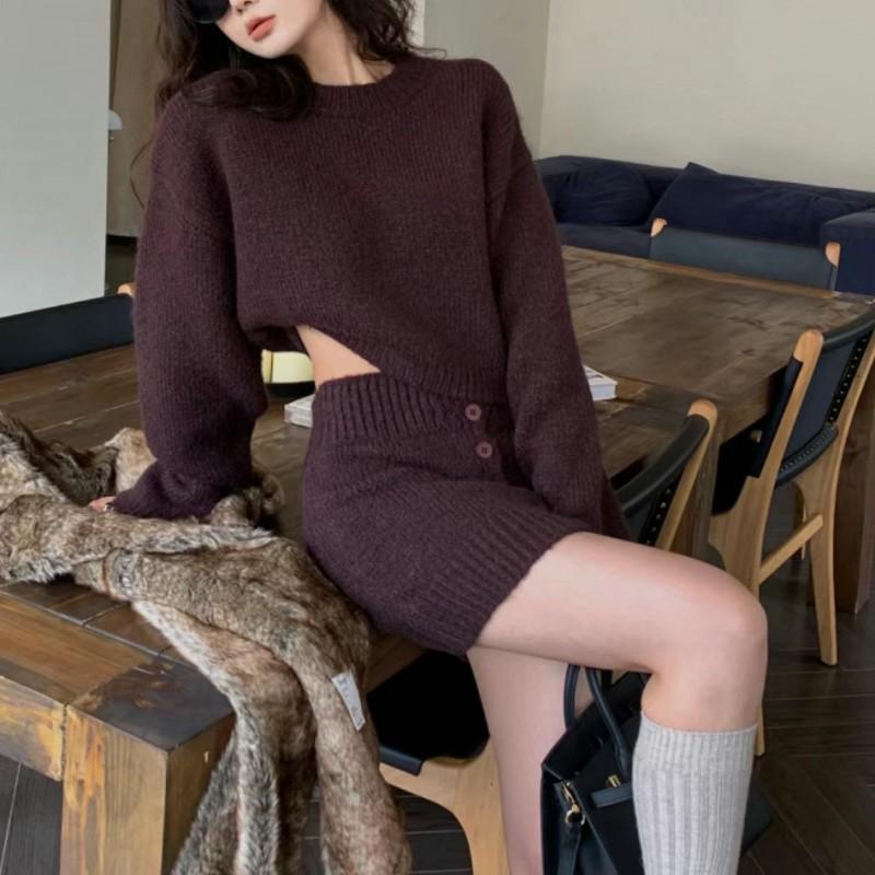 Damski luźny krótki sweter dzianinowy z guzikami i mini spódniczka zestaw casualowy szykowny strój