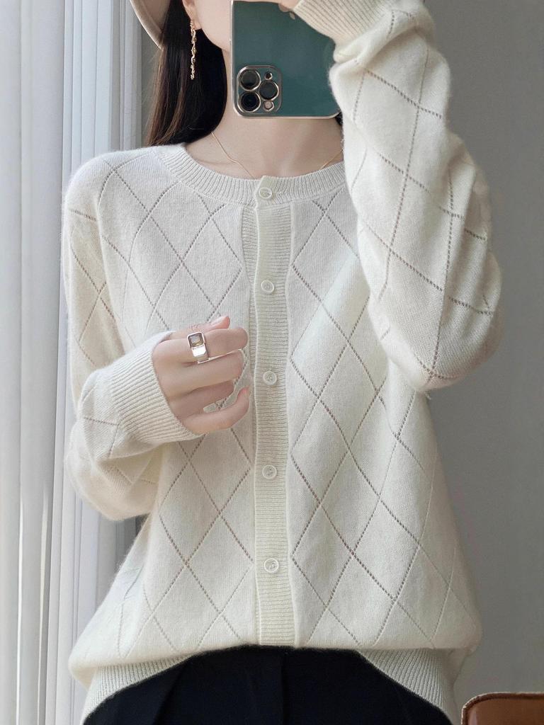 Women's 100% Wool Round Neck Cardigan - Autumn/Winter Versatile Short Sweater Coat