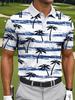 Men'S Short-Sleeve Polo, Beach Style Casual Collar T-Shirt Loose Fit, Coconut Tree Print, Print Outdoor Sports Short Sleeve Shirt, Blue And White