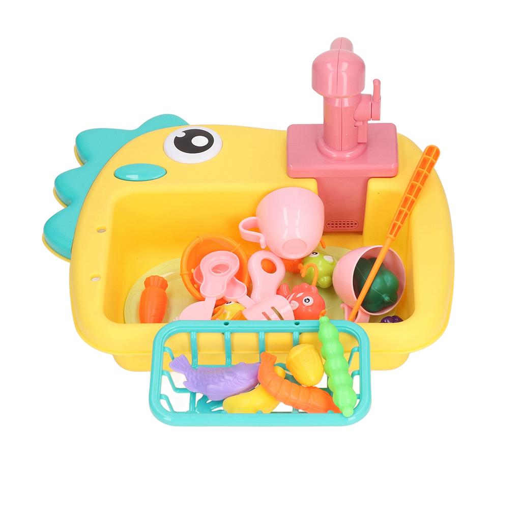 2 in 1 Play Kitchen Sink Toys with Running Water Automatic Faucets Pretend Dinosaur Fishing Toys