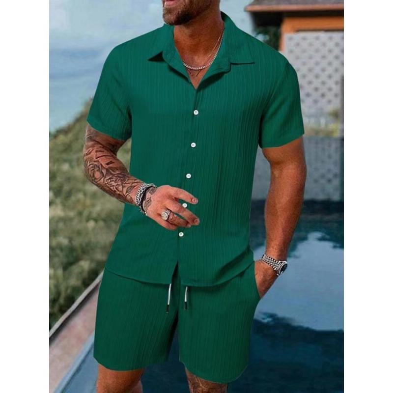 Summer Men's Solid Color Comfortable Casual Shirt Short Sleeved Beach Pants Set