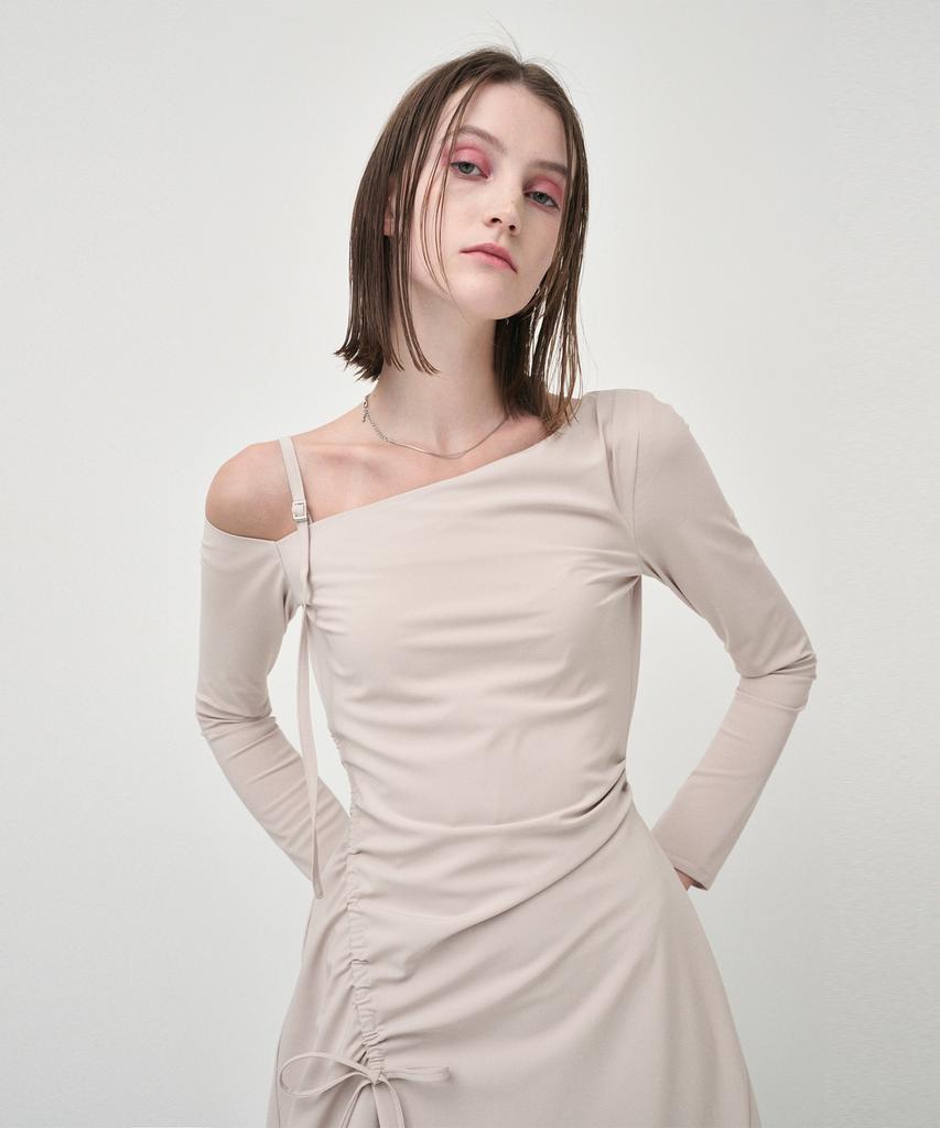 Etmont One Off Shoulder Shirring Dress, Beige