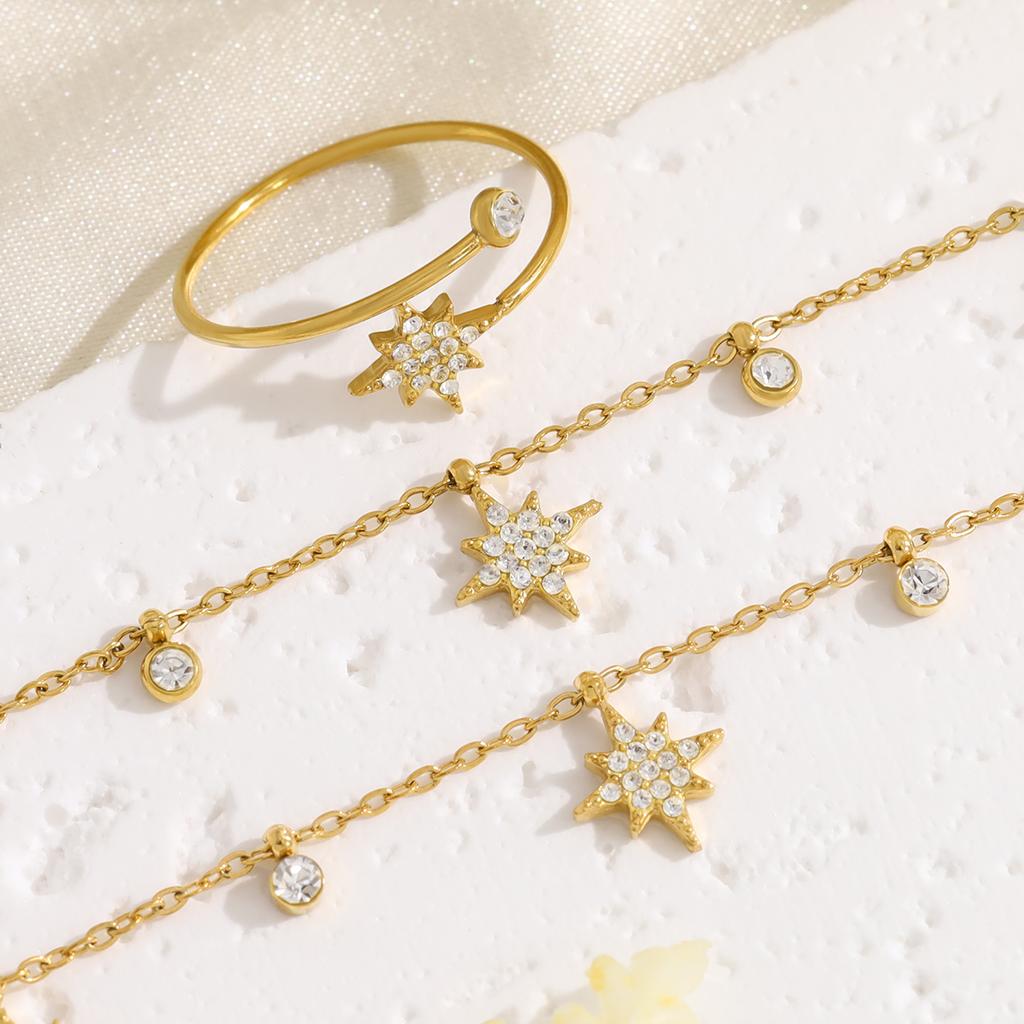 WILD & FREE Exquisite Crystal Star Charm Necklace Bracelet Ring Jewelry Set 18K Gold Plated Stainless Steel Jewelry for Women