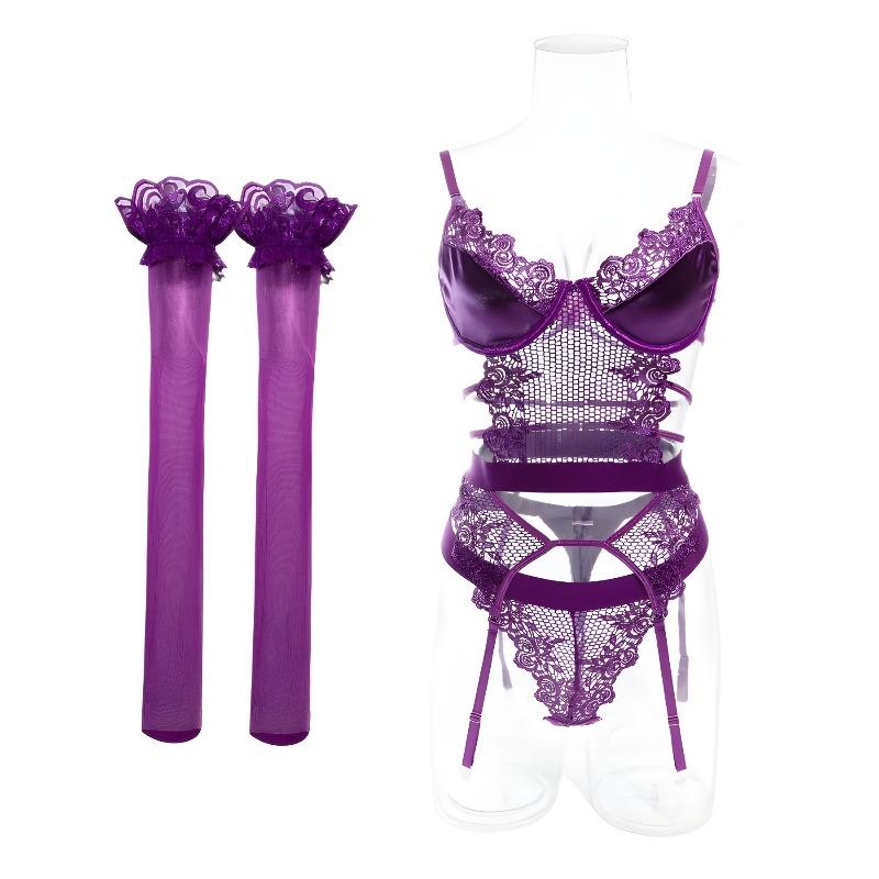 Sexy purple lace garter with steel ring sexy sexy underwear three-piece body sculpting set