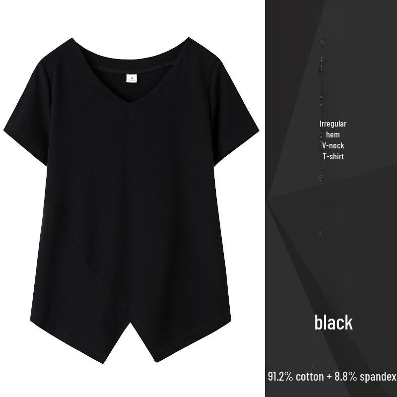 Black V-Neck Irregular Hem Short-Sleeve T-Shirt - 2022 Korean Fashion