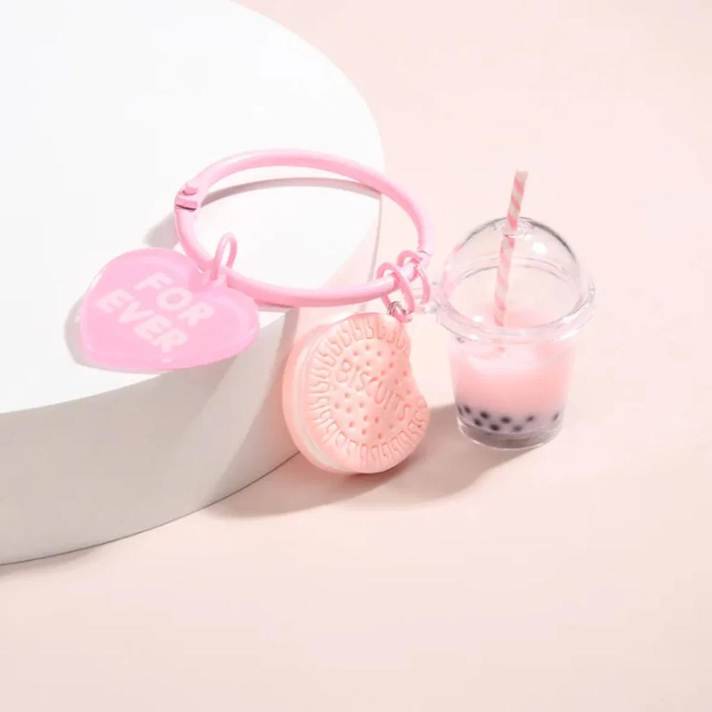 Niedlicher Auto-Schlüsselanhänger, Eiscreme, Bubble Tea, Keks, rosa, Schlüsselanhänger für die beste Freundin, Frauen, Mädchen, Tasche, Geschenk, Schmuck, Zubehör, Initiale