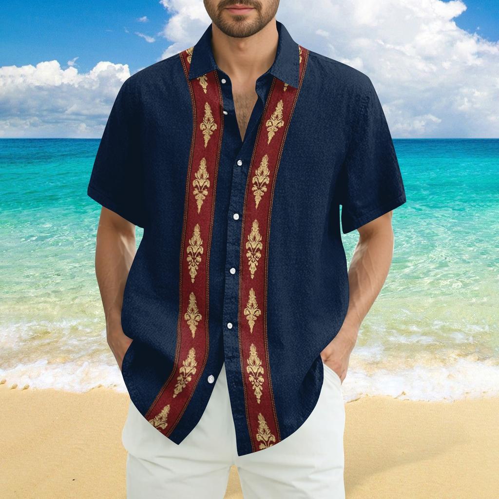 Men's Fashionable Casual Loose Striped Printed Beach Short-sleeved Shirt