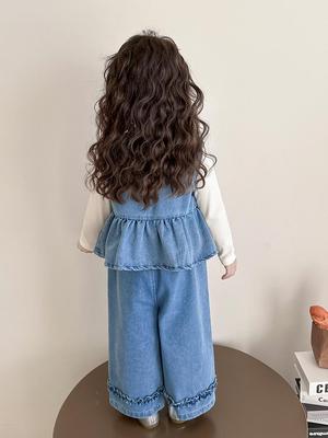 Girls' Spring/Autumn Denim Set with Lace Collar & Bow – Trendy Three-Piece Outfit