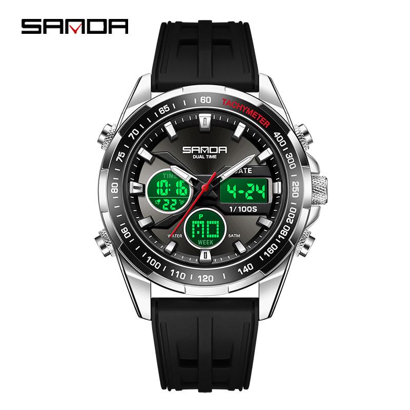 Sanda Men's Waterproof Dual Display Multi-Function Watch with Timer, Snooze, and Night Light.