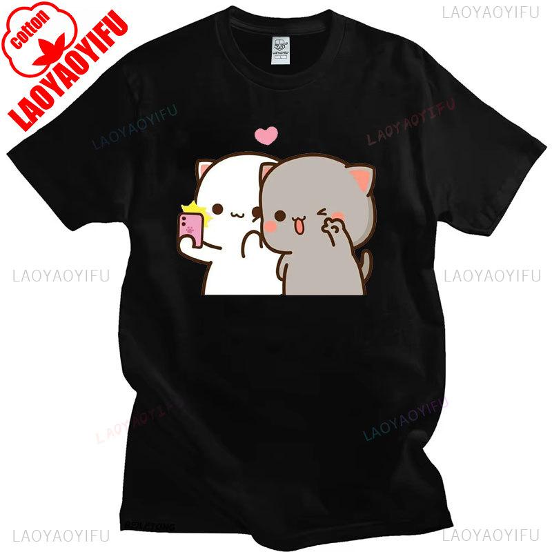 

Peach Cat Goma and Mochi Selfie T-shirt Summer Cotton Short-sleev Tees Cute Print Tee-shirt Fashion Harajuku Funny Couple Tops S