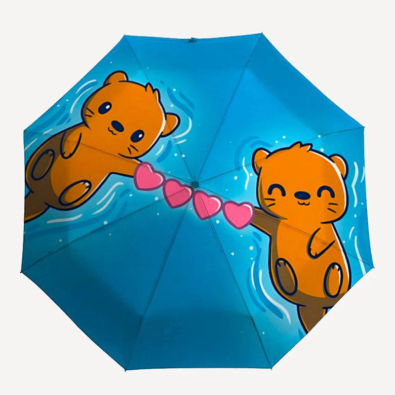 1pc Otters Love Automatic Folding Umbrella - Compact 8-Rib Design, Durable Plastic & Iron, Lightweight for Outdoor Daily Use051